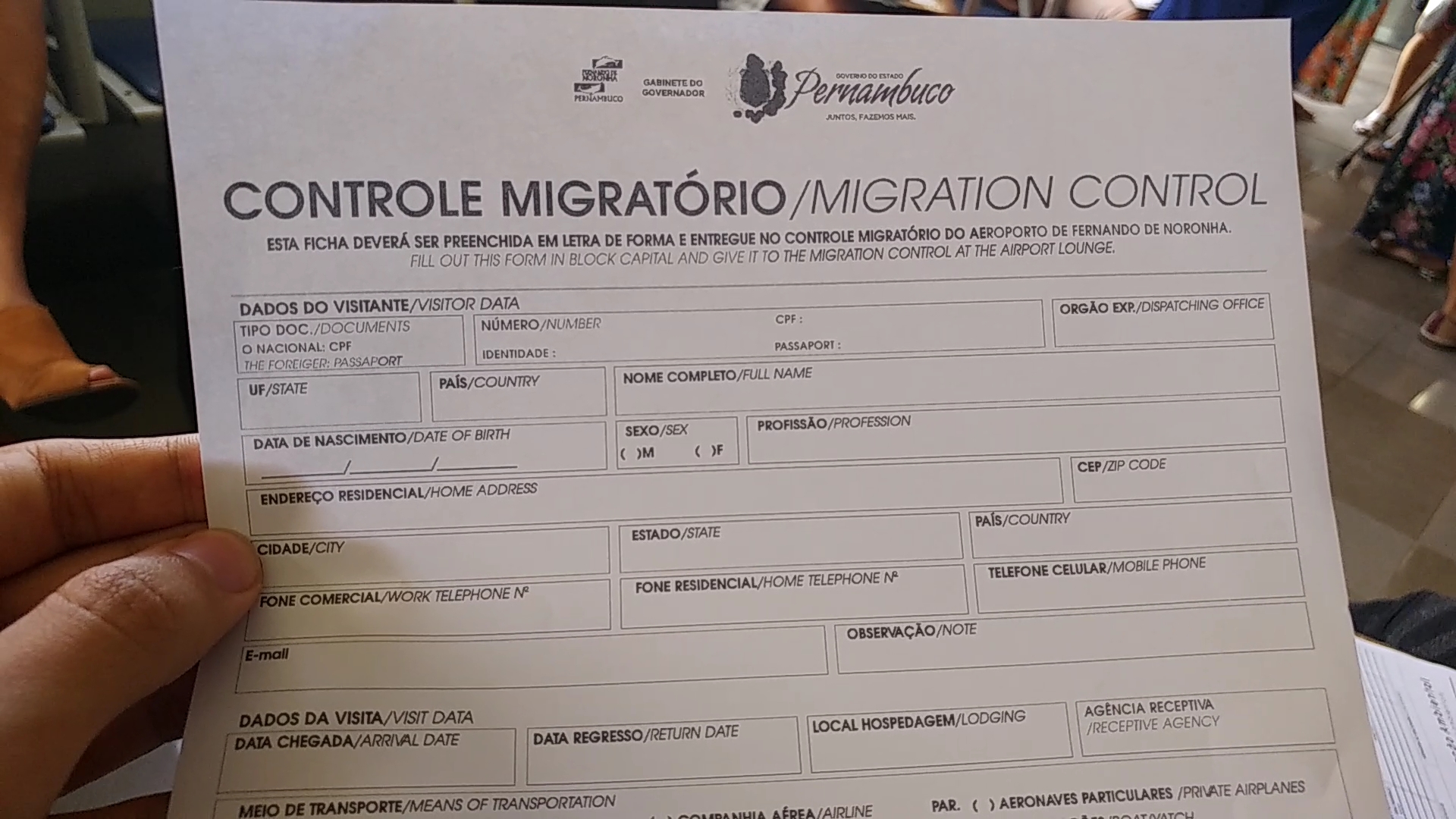 Ficha do Controle migratório de Fernando de Noronha.