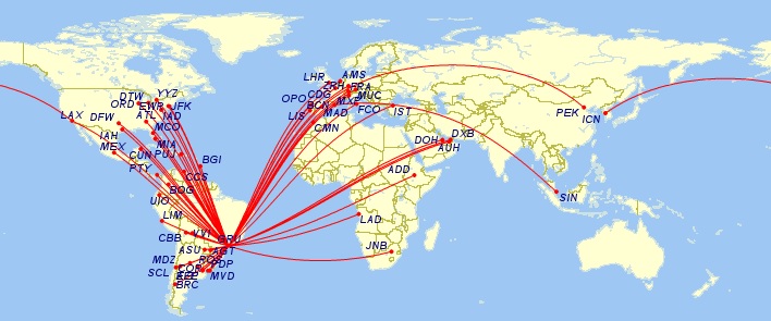 Imagem marcações de voos saindo de São Paulo para o mundo