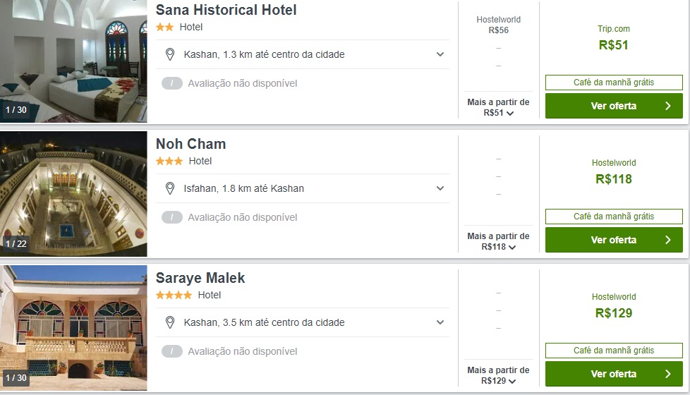 Média de preço de hotéis em Kashan. Fonte: Trivago